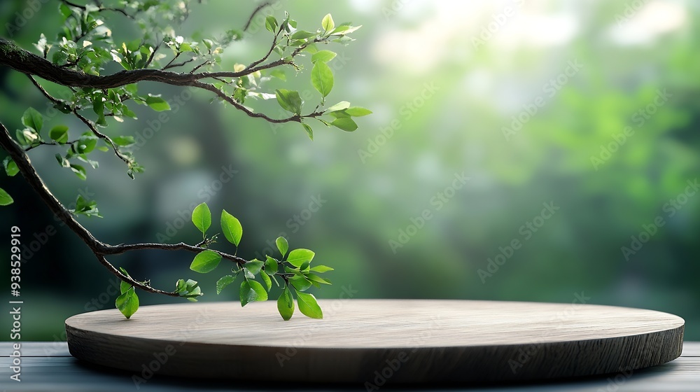 Poster empty wooden podium texture on tabletop with tree branch fresh green leaf white space backgroundorga