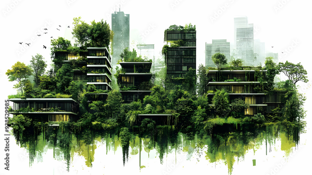 Poster Cityscape buildings covered in lush greenery with a watercolor effect.