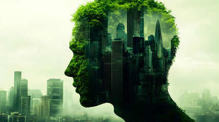 Cityscape and nature merge in a silhouette of a person's head, creating a powerful visual metaphor.
