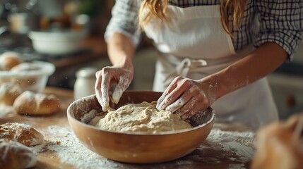 Woman stirring dough in bowl prepare for bread Female baking bread at home kitchen routine : Generative AI