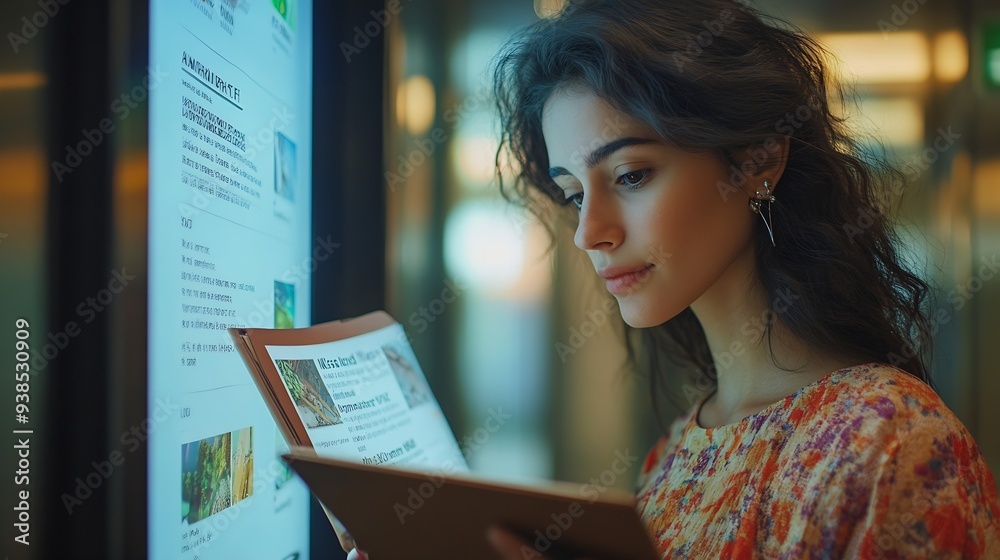 Poster a woman reads an advertisement for a new product on an elevator screen the woman is intrigued by the