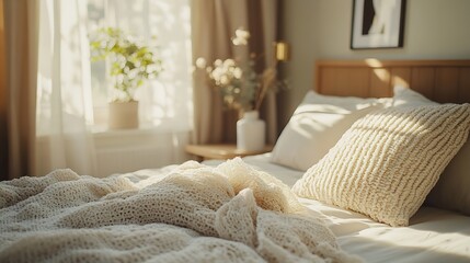 Cozy bed with soft pillows and crumpled blanket in interior of light bedroom : Generative AI