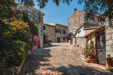 A quiet peaceful street with flowers in the city of Vrsar Croatia 08.07.24