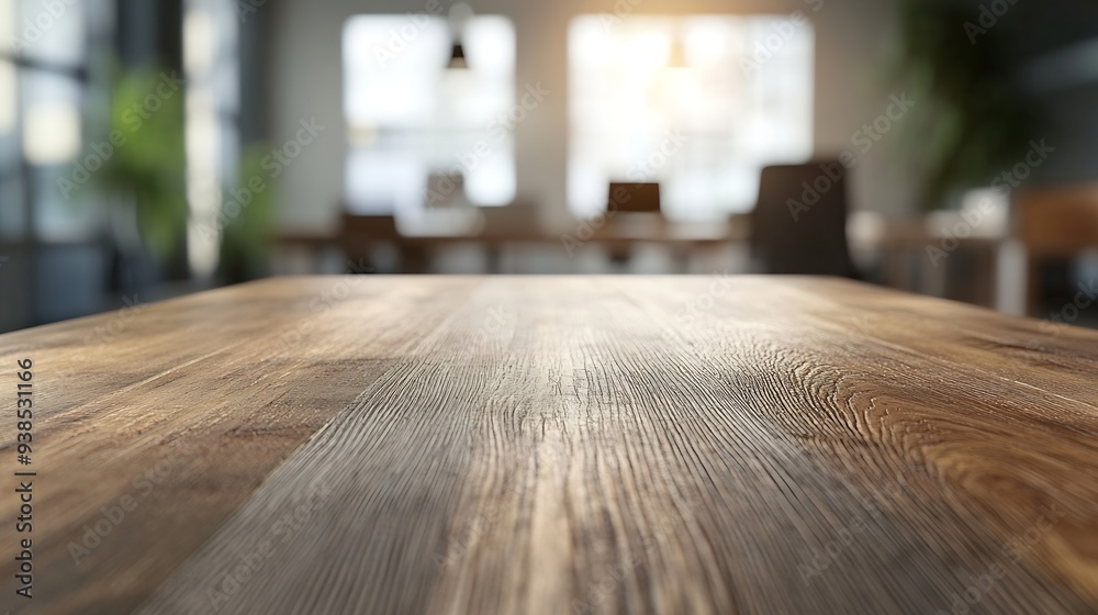 Wall mural on the blurred background of the empty office room a wooden board rested top the table : generative 