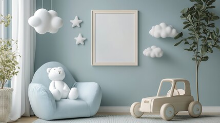 Modern scandinavian newborn baby room with mock up photo frame mint armchair wooden car plush animal and clouds Hanging cotton balls and star Cozy kid room interior with beige walls Ho : Generative AI