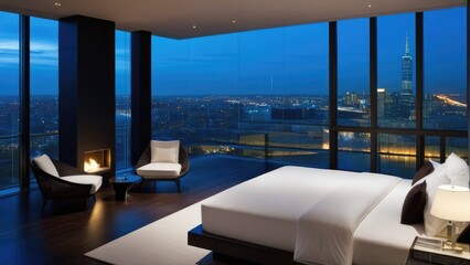 Fototapeta premium penthouse bedroom at night, dark gloomy, A room with a view of the city from the bed