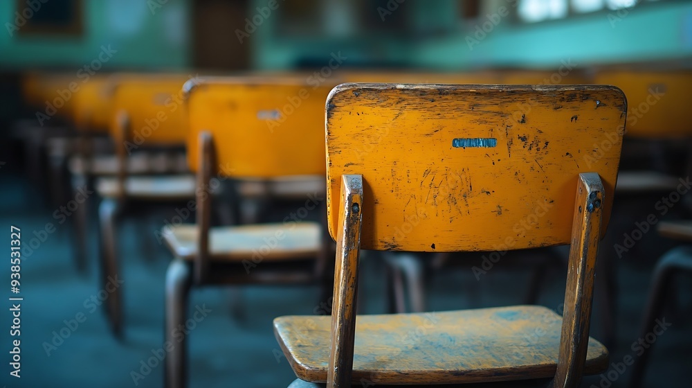 Fototapete selective soft and blur focusold wooden row lecture chairs in classroom in poor schoolstudy room without studentconcept for education : Generative AI