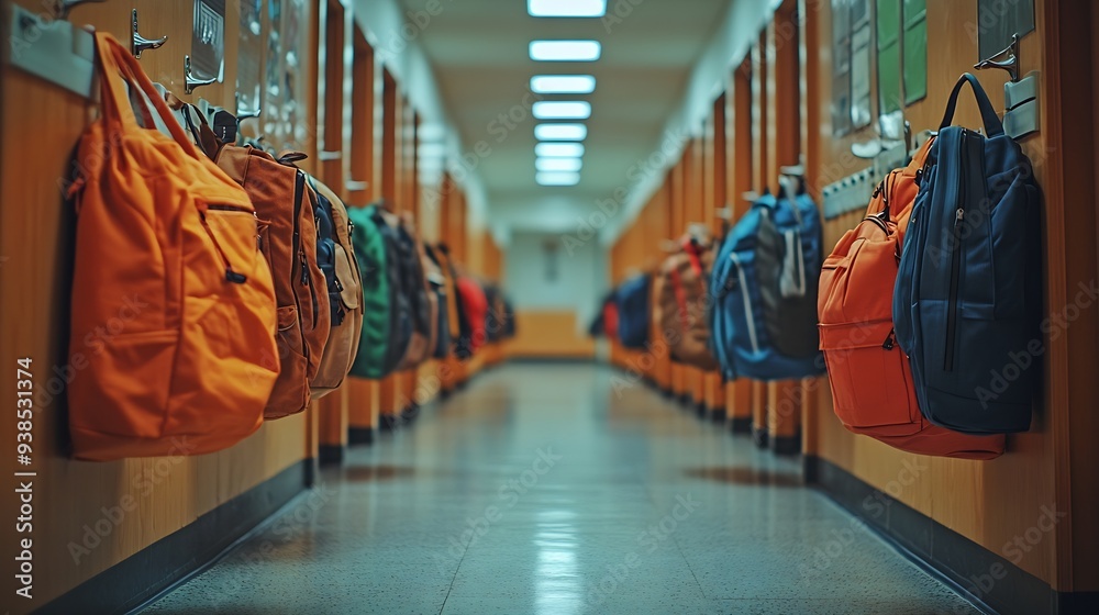 Poster empty hallway in the school backpacks and bags on hooks bright recreation room : generative ai