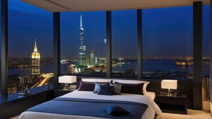 Fototapeta premium penthouse bedroom at night, dark gloomy, A room with a view of the city from the bed