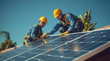 Male technicians adjusting the solar panel on roof of house Solar system installation on top of building Engineers in helmets installing solar panel system : Generative AI