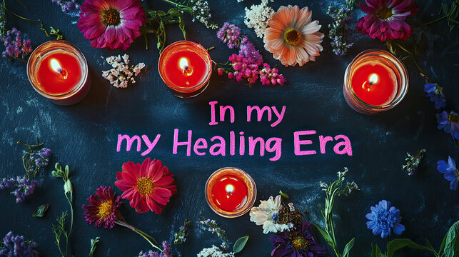 In my Healing Era written in text with candles, flowers, for positive vibes and good mental health recovery 