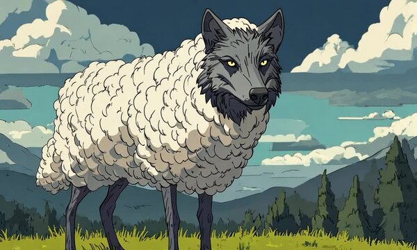 2D cartoon style illustration of a wolf disguised as a sheep embodying the concept of deception and disguise
