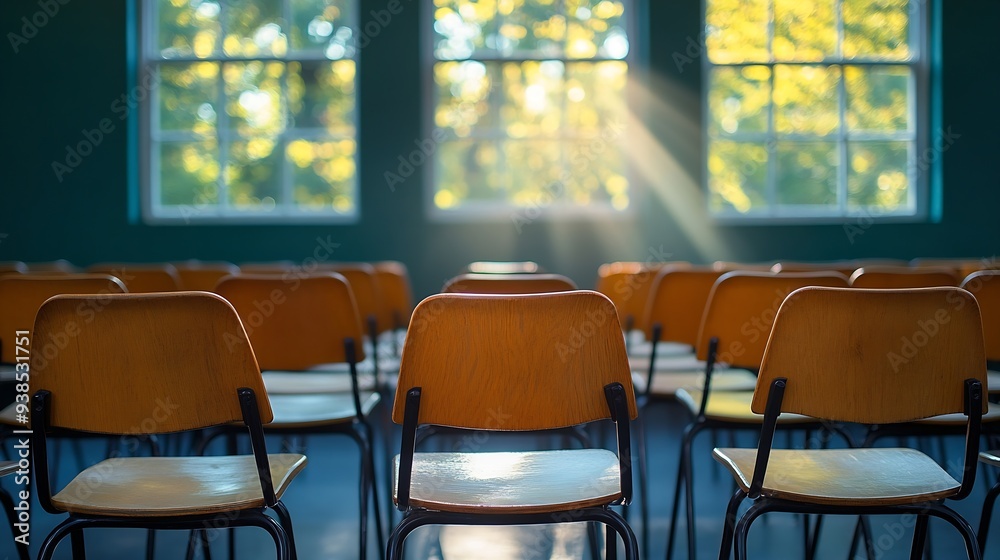 Poster student wooden chairs in university classroom with sunlight from window empty classroom with vintage