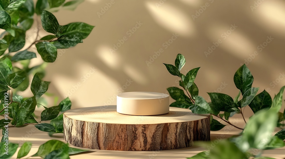Poster minimal modern product display on neutral beige background wood slice podium and green leaves concep