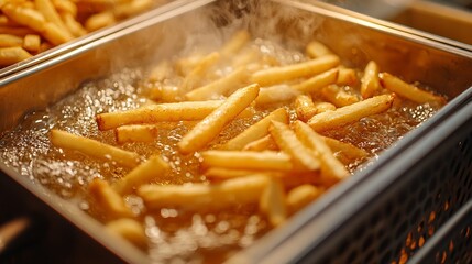 in professional kitchen frying French fries in oil in a deep fryer : Generative AI