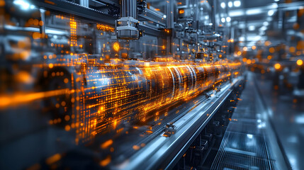 Close-up of a futuristic industrial machine with orange glowing digital data.