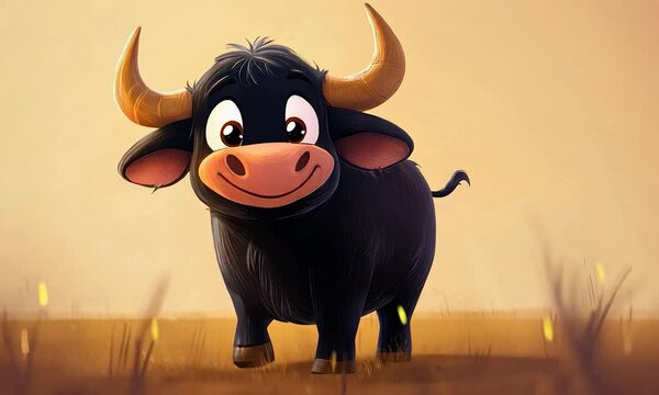 2D cartoon style illustration of an adorable bull character