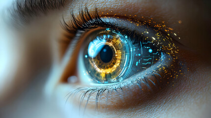 Close-up of a human eye with a futuristic digital interface.