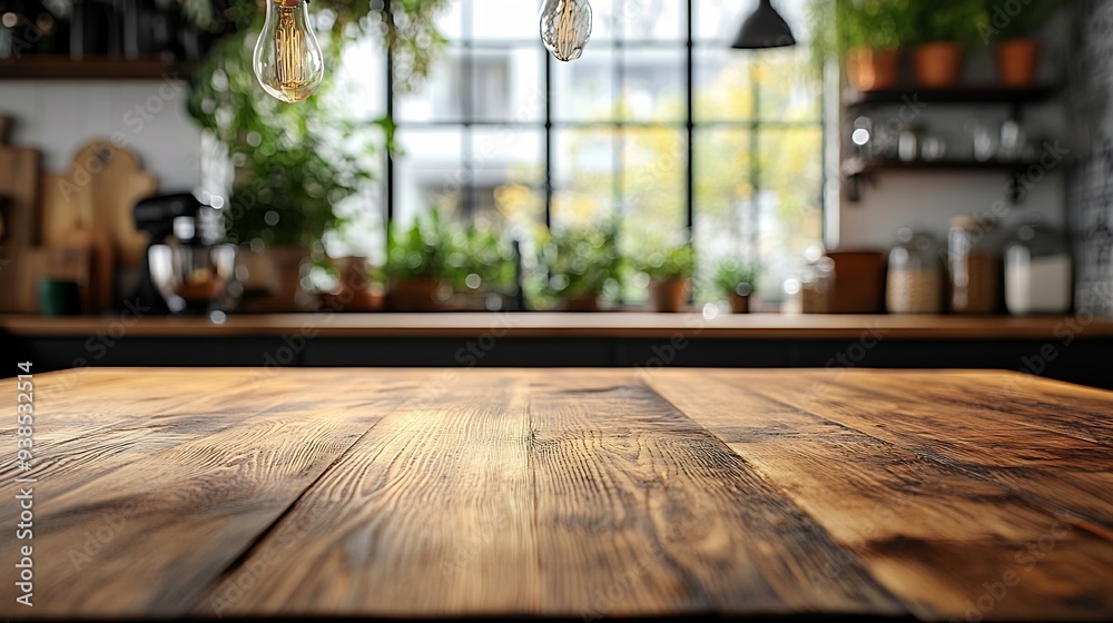 Poster Empty horizontal wooden table top with blur background in a kitchen : Generative AI