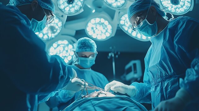 The surgeons holing the instrument in abdomen of patient The surgeons doing laparoscopic surgery in the operating room Minimally invasive surgery : Generative AI