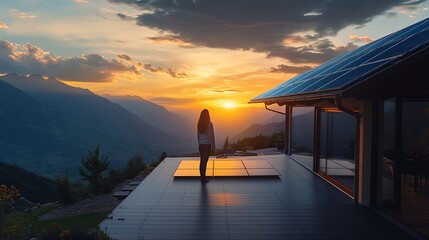 Rooftop with solar panels on house in mountains woman stands alone enjoying sunset Energy independence sustainability self sufficient and escapism to nature concept : Generative AI