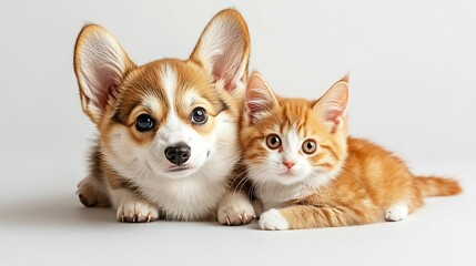 Obraz premium Cute Welsh corgi puppy and a red kitten sit together on a white background isolated on a white background : Generative AI