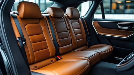 Obraz premium Luxury car rear leather seats row Interior of new modern clean expensive car Passenger seats with leather Closeup details New car inside Car cleaning theme : Generative AI