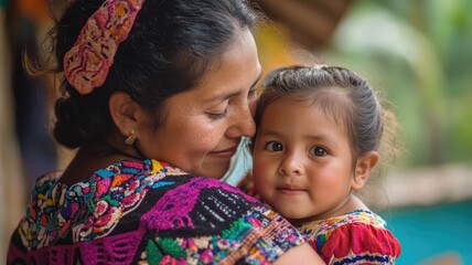 Woman lovingly embraces young girl, both in colorful traditional clothing