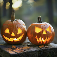 Fototapeta premium Two glowing jack-o'-lanterns with carved faces, side by side, blurred children of various nationalities dressed for Halloween, background of abandoned house. Festival of important days 