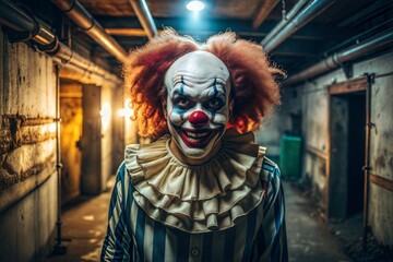 Scary clown in the basement. Spooky Halloween Evil Clown Costume