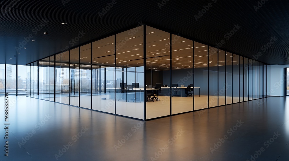 Aufkleber an empty office space with a black ceiling a glass office without furniture : generative ai