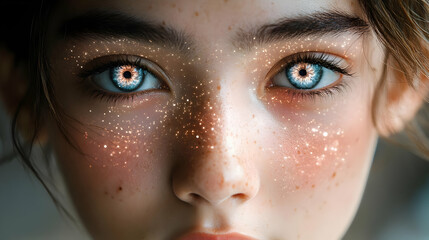 Close-up of a woman's face with blue eyes and glitter on her skin.