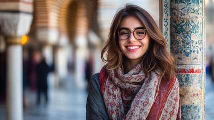 Obraz premium Smiling woman with glasses and patterned scarf in architectural setting