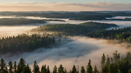 Fototapeta premium Misty Sunrise in Frosty Pine Forest
