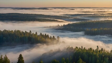 Fototapeta premium Misty Sunrise in Frosty Pine Forest