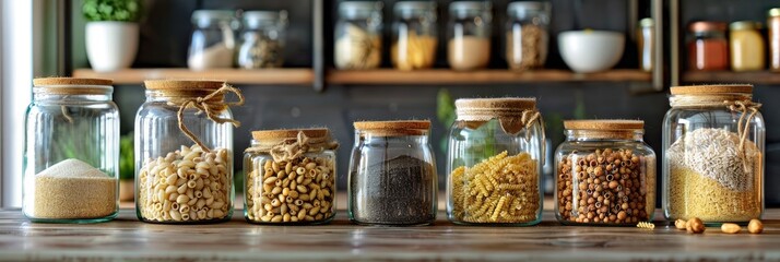 Glass jars filled with grains, pasta, nuts, and sugar organized on a kitchen table, offering a sustainable, plastic-free storage solution for groceries and promoting eco-friendly living.