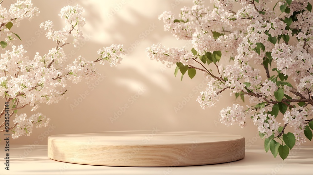 Poster Geometric empty podium wooden platform stand for product presentation and spring flowering tree branch with white lilac flowers on pastel light background : Generative AI