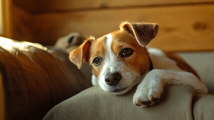 Obraz premium Dog relaxing on sofa in living room Stylish home interior with curious pet on place for relax Vacations with a dog in a wooden country house Jack Russel terrier portrait : Generative AI