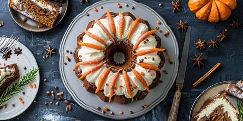 Flat lay of a freshly baked carrot bundt cake adorned with cream cheese frosting and chocolate decorations.