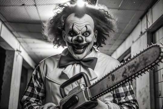  Scary clown in the basement with a chainsaw. Evil clown costume for Halloween