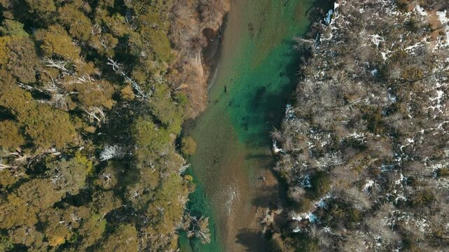Tranquil River Flowing Through Lush Forest in Patagonia Argentina. Ruca Malen River in Villa la angostura, Neuquen, Argentina 
