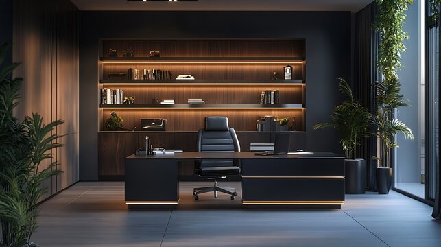 stylish luxury home office interior in an ultramodern brutal apartment in dark colors and cool led lighting : Generative AI