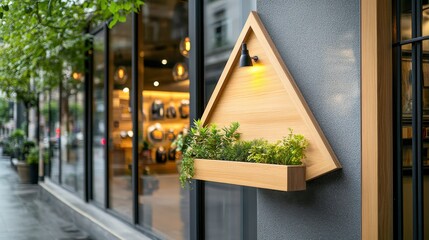 Fototapeta premium Modern Wooden Triangle Sign with Plants