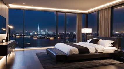 penthouse bedroom at night, dark gloomy, A room with a view of the city from the bed