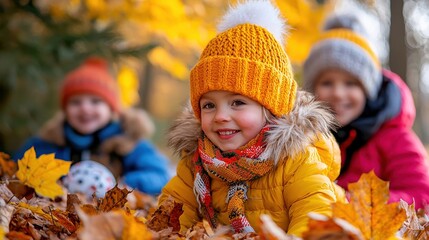Adorable Kids Playing in Autumn Leaves