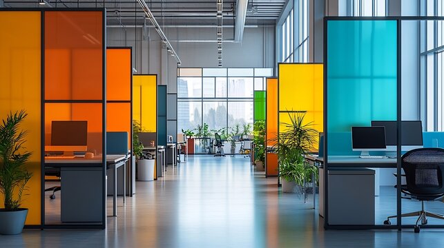The modern office interior with individual workstations separated by colorful partition walls providing a sense of privacy while maintaining an openoffice concept : Generative AI