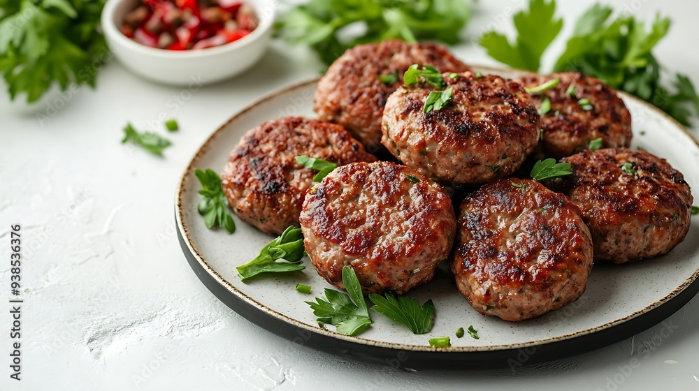 Wall mural delicious minced pork and beef cutlets on plate over light background comfort food top view flat lay