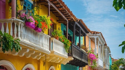 Fototapeta premium Colorful colonial buildings with balconies and bright flowers under clear sky