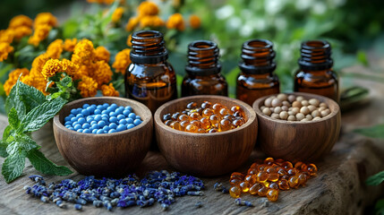 Close-up of wooden bowls filled with colorful pills, surrounded by bottles and fresh herbs.
