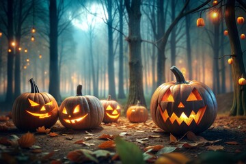 Halloween pumpkins in the forest at night. The spooky, scary, dark Nightwoods. Holiday event halloween banner background concept